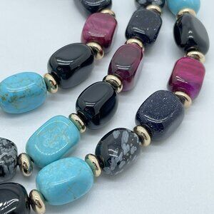 Mix Gemstone Necklace & Bracelet Set Chunky Moroccan Adjustable Colorful Long